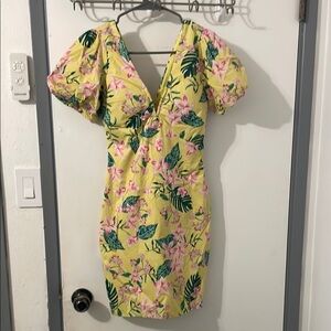 Guess Yellow Sheath Dress with Puff Sleeves and Plunge Neckline